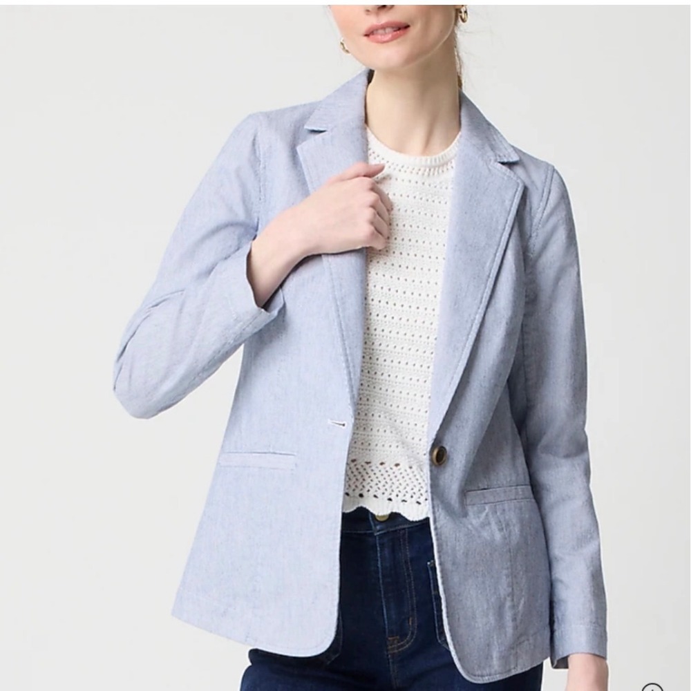 J.Crew Blazer Women 12 Blue White Stripe Linen Blend Preppy Coastal Minimalist